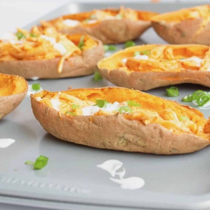 Buffalo Chicken Sweet Potato Skins